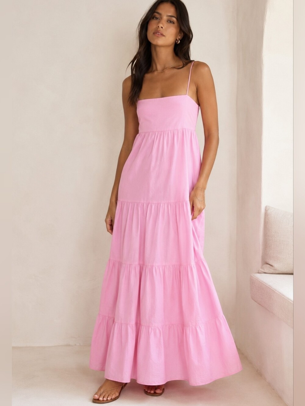 ZARA Pink Cotton Tiered Spaghetti Strap Maxi Sundress Size S